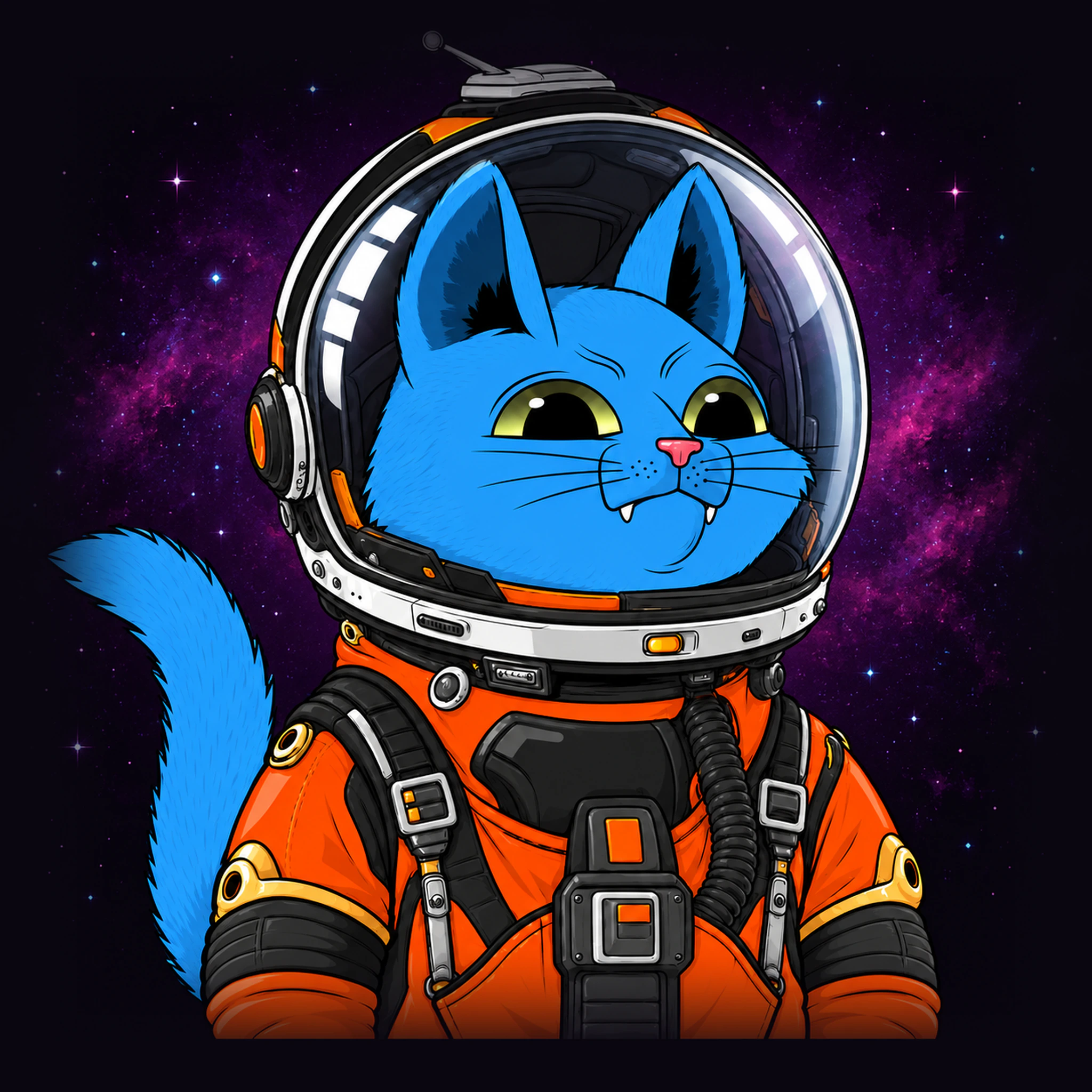 Blue Mars Cat in an orange MCV astronaut suit, revealed from an eye close-up to a wide full portrait